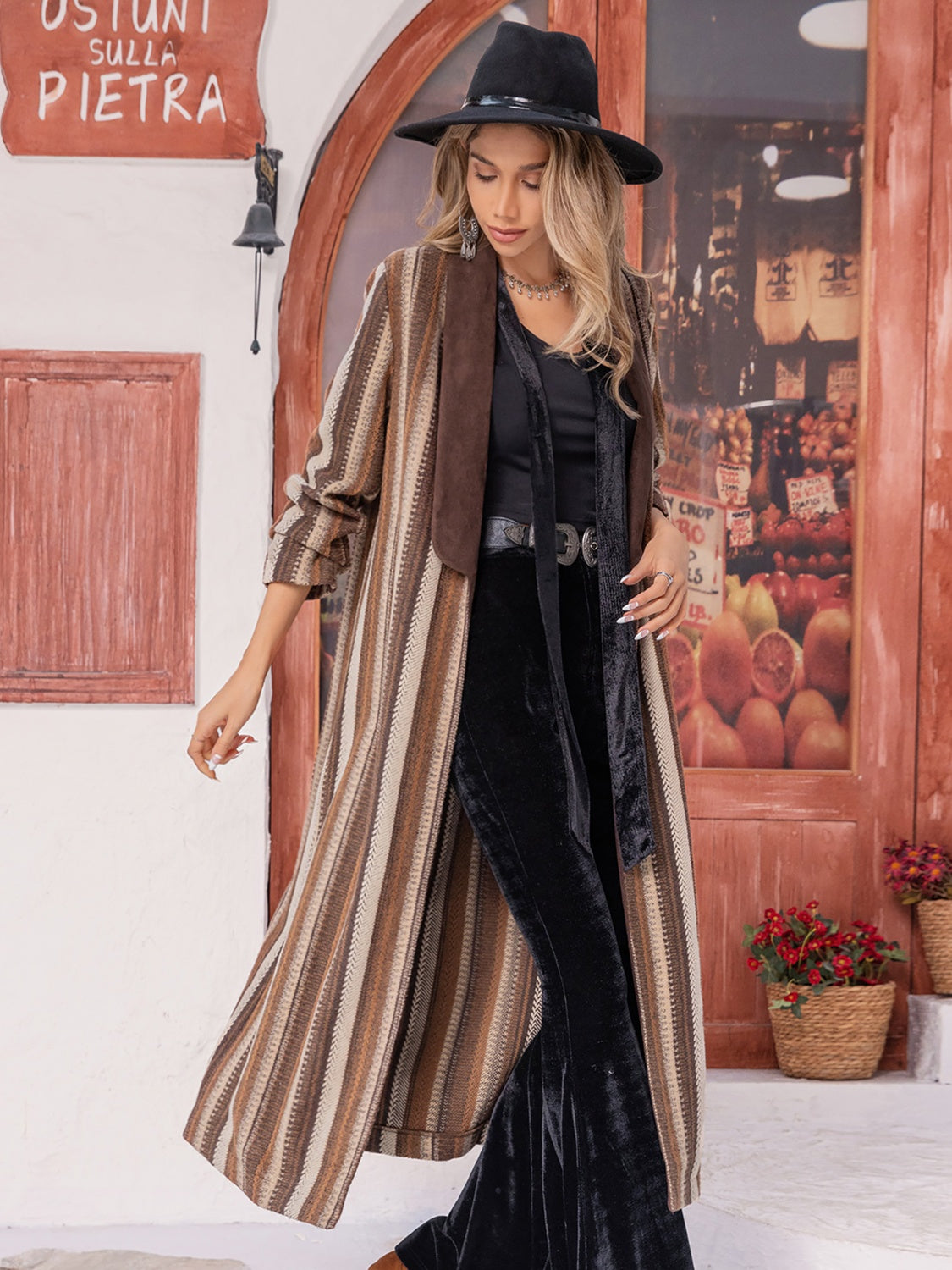 Our Best 100% Polyester Color Contrast Striped Open Front Long Sleeve Maxi Coat (Mocha)