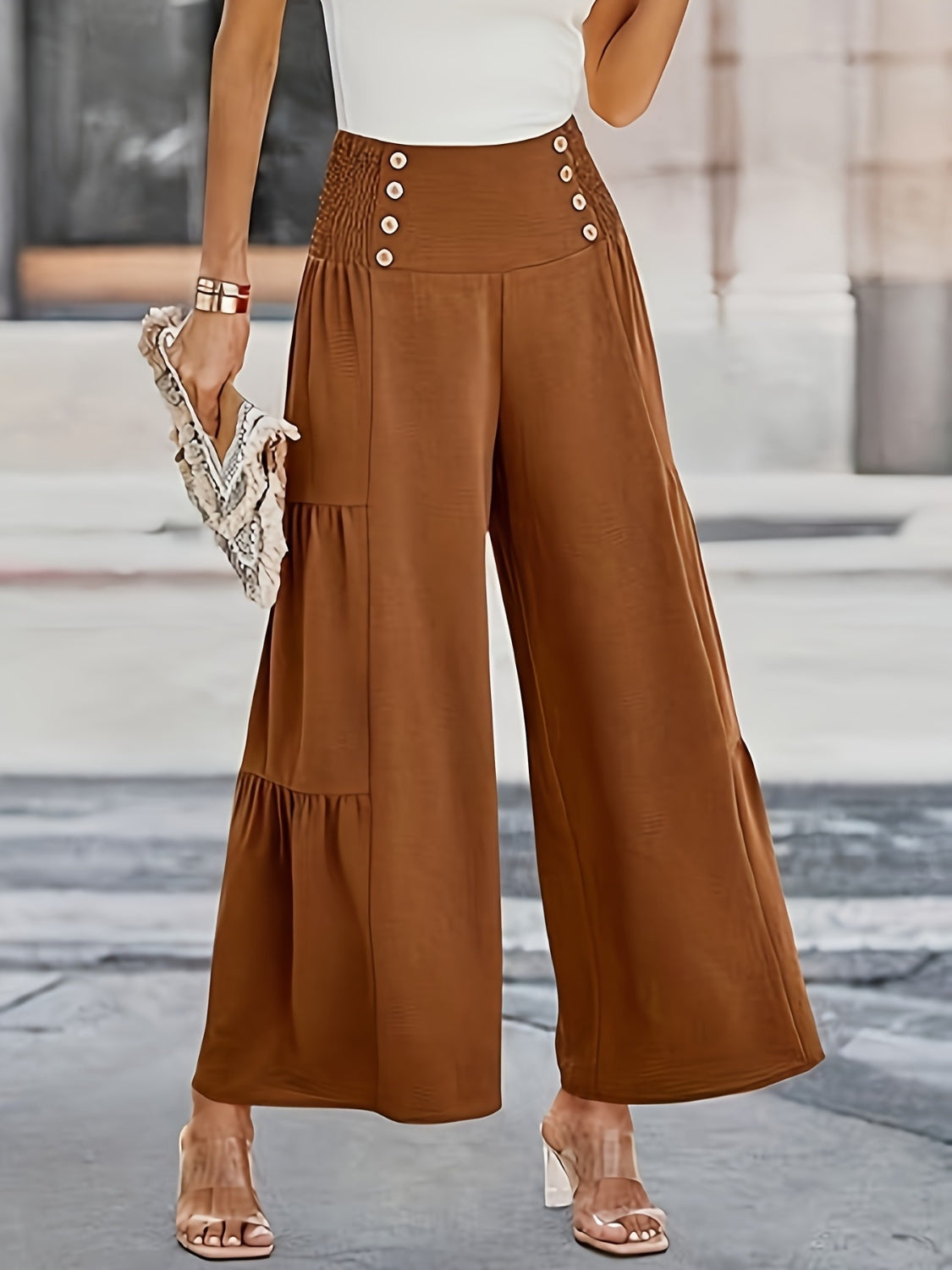 Our Best 100% Polyester Smocked Button Detail Pleated Wide Leg Palazzo Pants (Brown)