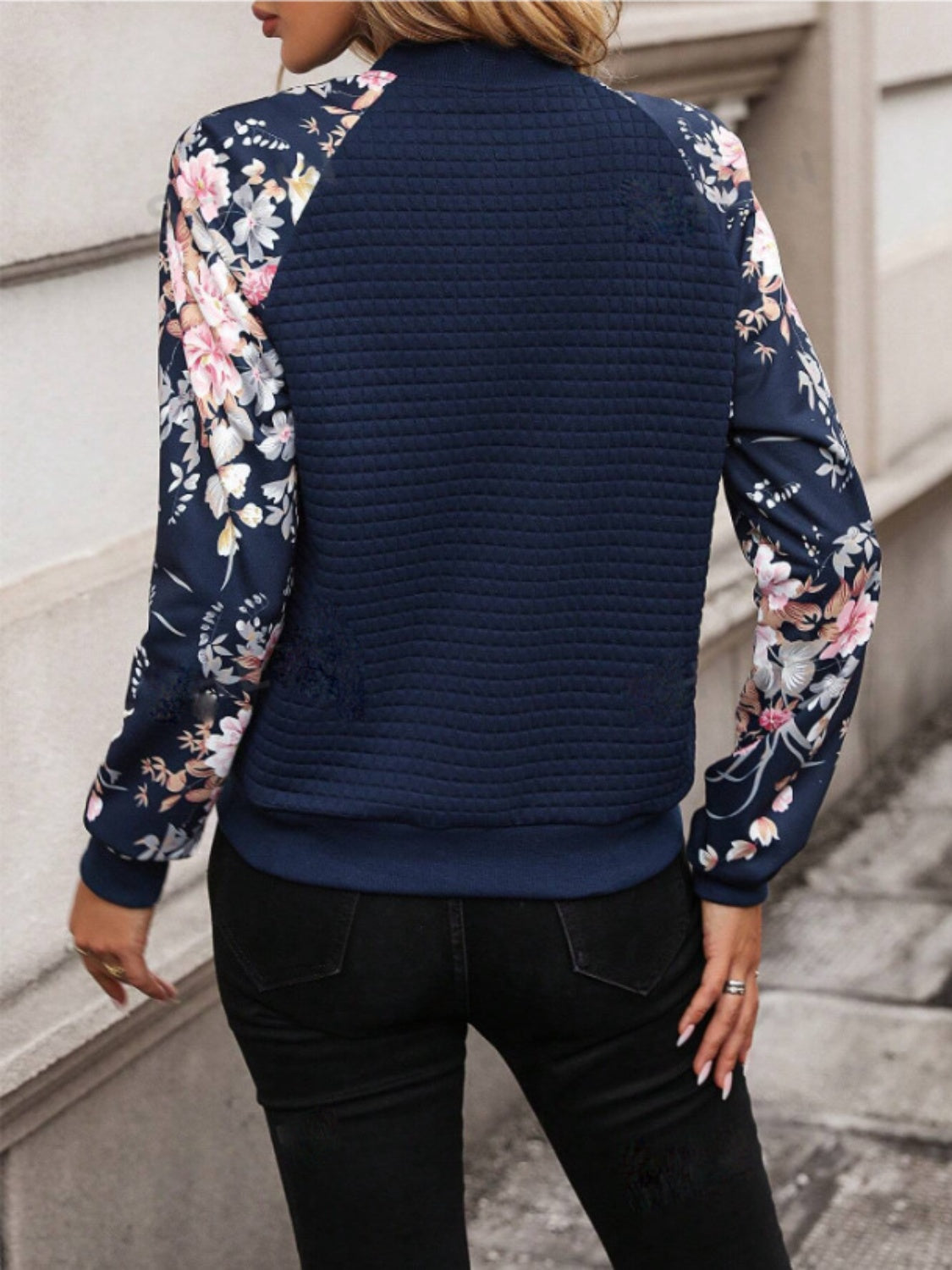 Our Best 100% Polyester Floral Embossed Rib Detail Zip Up Long Sleeve Jacket (Navy)