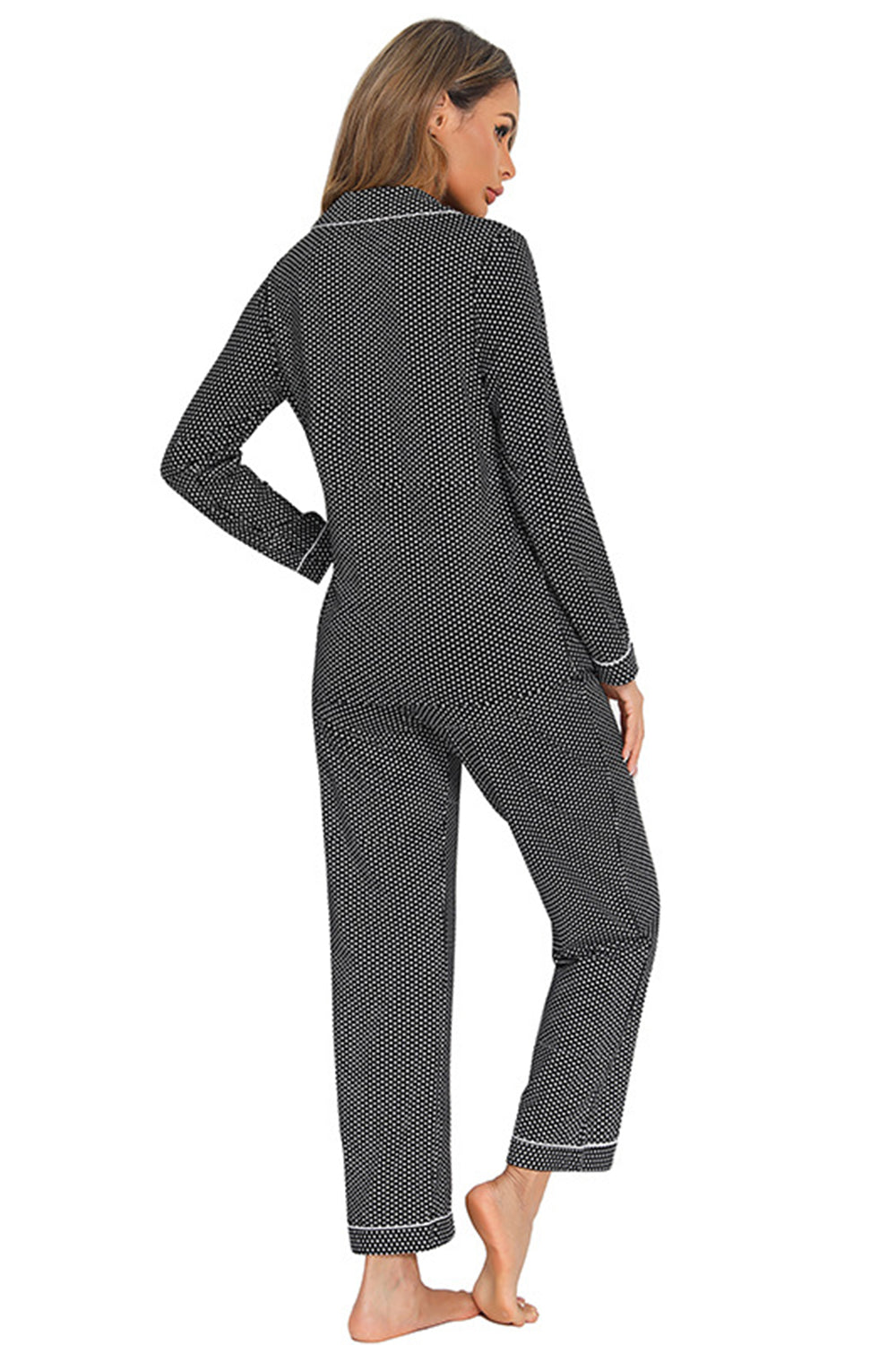 Simona Slumbertime Nylon Blend Long Sleeve Pocket and Piping Detail Loungewear Set (Multicolor)