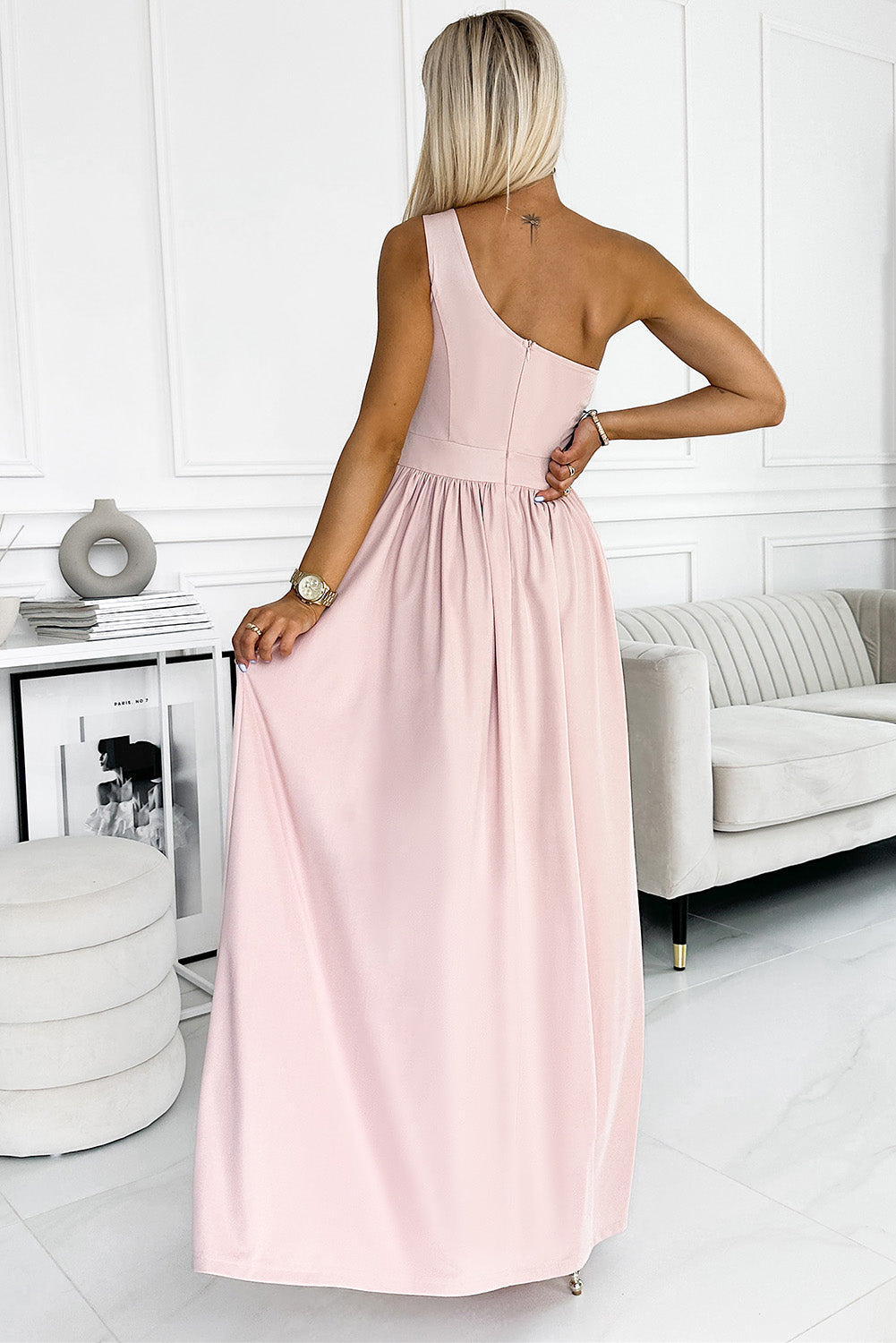 Our Best Polyester/Elastane Single Shoulder Slit Detail Formal Wear Maxi Dress (Blush Pink)