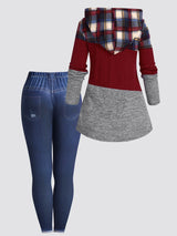 Plus Size Womens Suit Hooded Sweatshirts Colorblock Plaid Print Hoodie Drawstring Textured Tops Imitation Denim Pants Set L-5XL - treasures-4-u-2-day