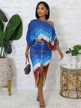 2 Piece Outfit Set Women Streetwear Summer Outfits with Skirts Fake Denim Print Elegant Chic Open Split Skirt Long Sexy Female - treasures-4-u-2-day