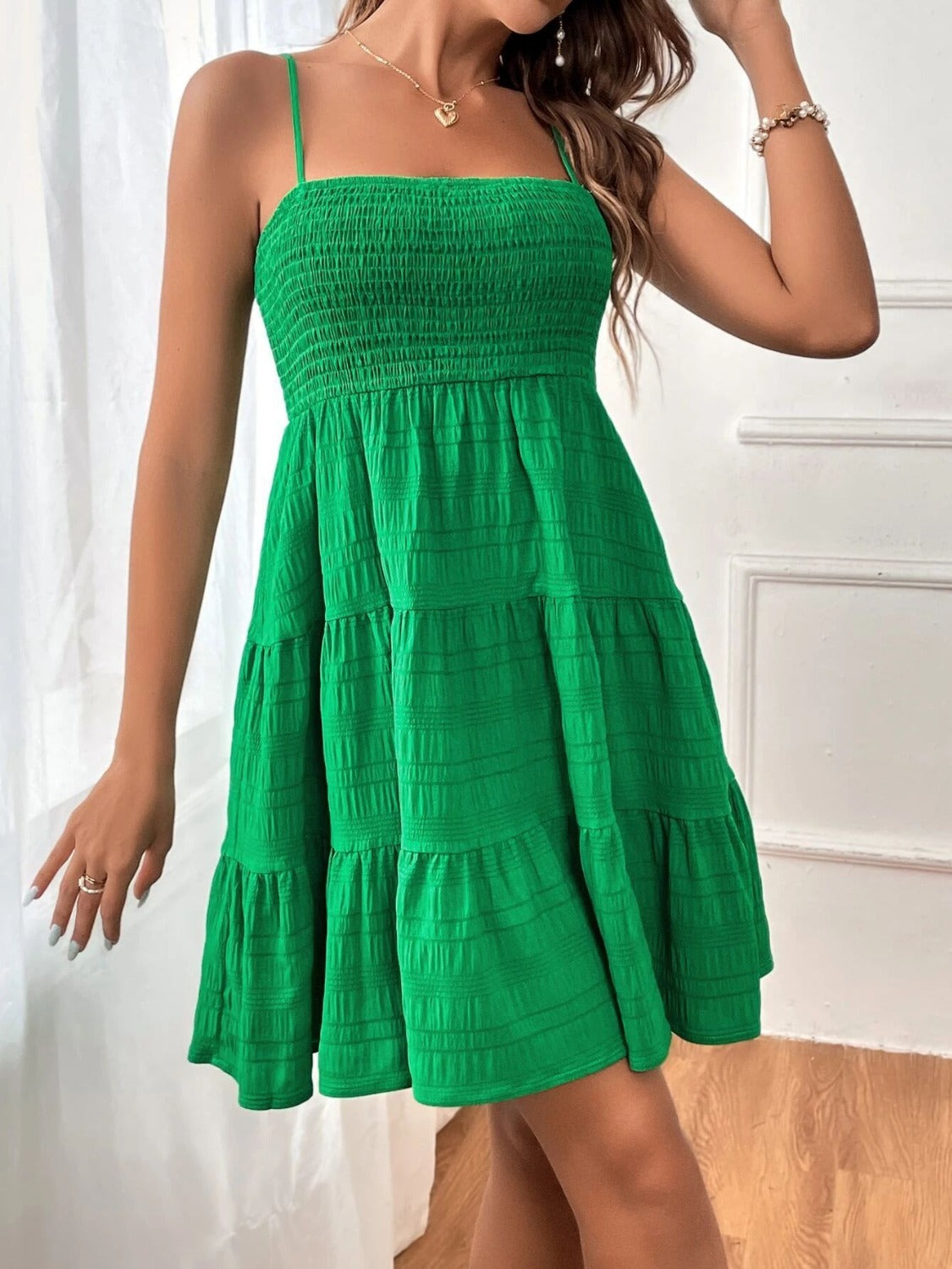 Our Best Polyester Blend Smocked Square Neck Tiered Ruffle Mini Cami Dress (Multicolor)