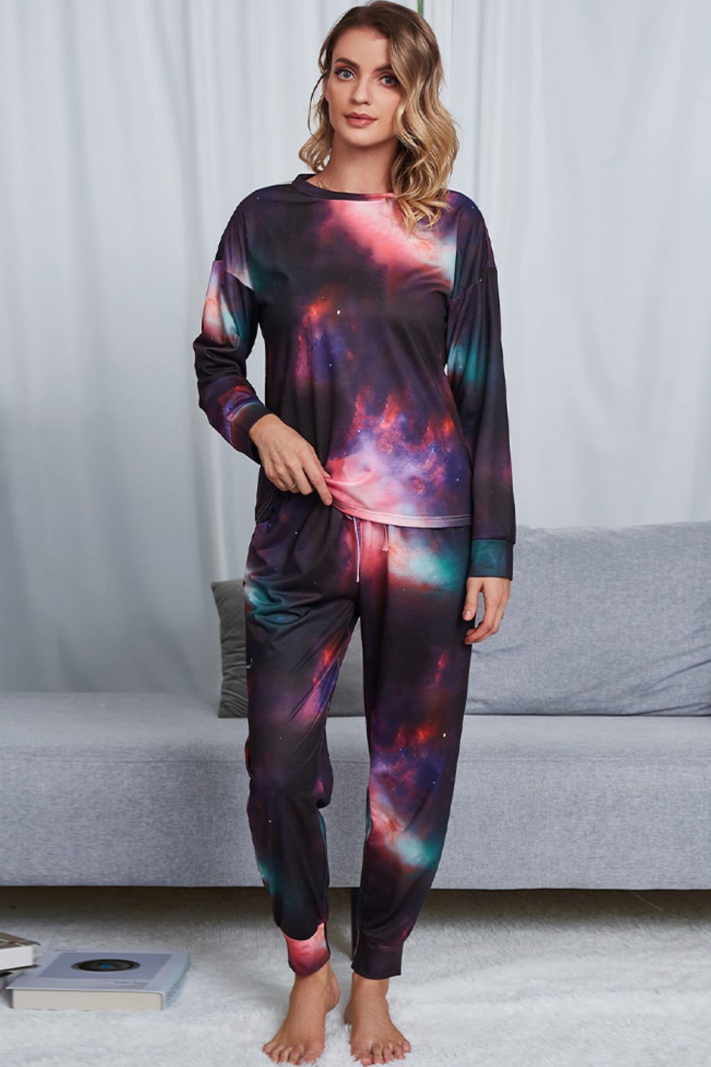 Tyra Tie-dye Polyester Blend Long Sleeve Top and Joggers Two Piece Lounge Set (Multicolor)