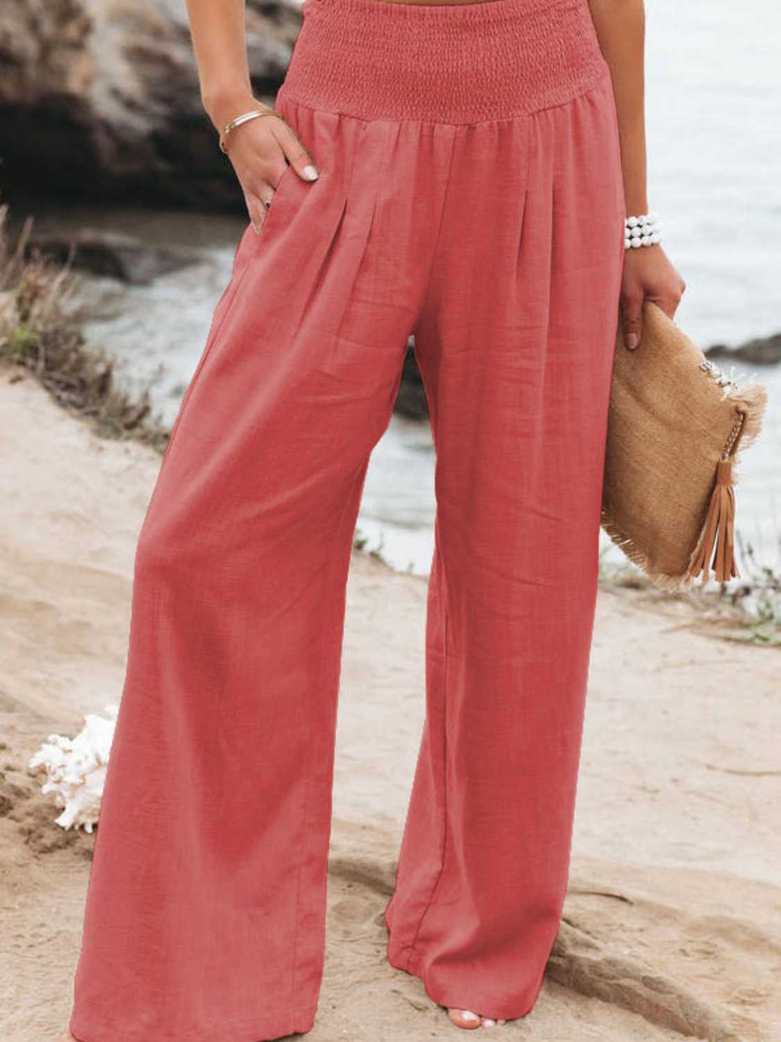 Our Best Polyester/Spandex Blend Deluxe Smocked Waist Wide Flare Palazzo Pants (Multicolors)