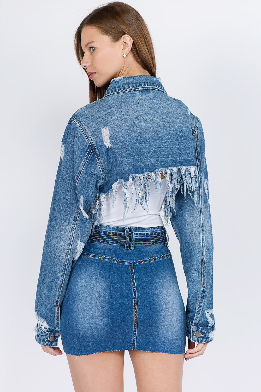 American Bazi 100% Cotton Distressed Denim Frayed Hem Crop Jacket (Blue)