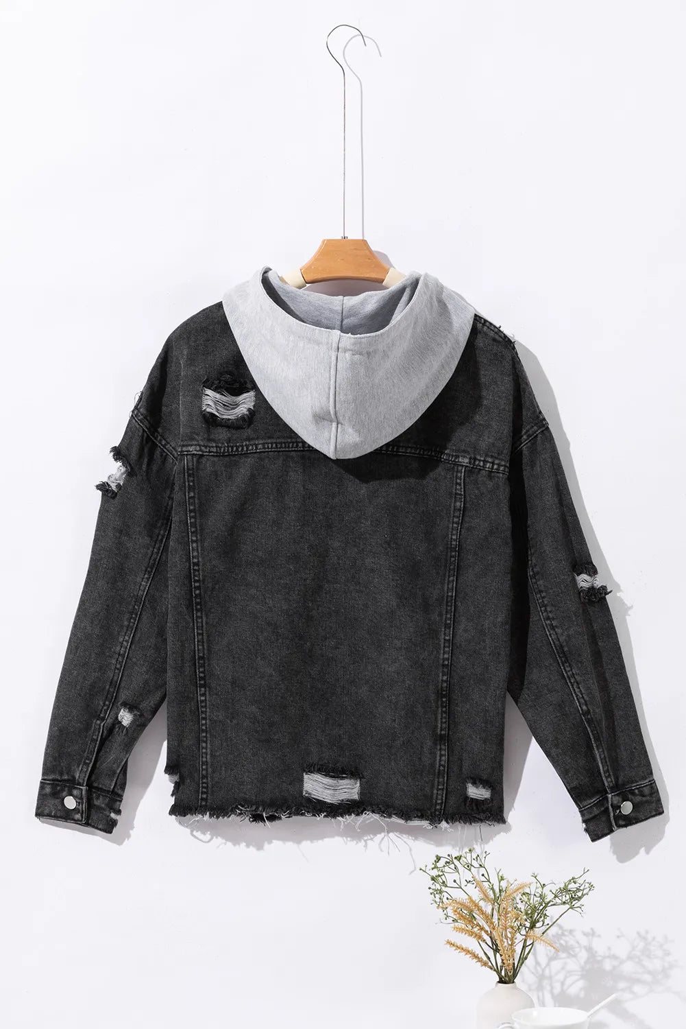 Damsel In Distressed Cotton Blend Fashion Plus Distressed Drawstring Long Sleeve Hooded Denim Jacket (Black)