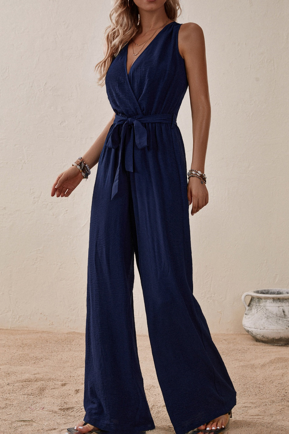 Our Best 100% Polyester Deep-V Sash Tie Belt Loop Detail Surplice Sleeveless Wide Flare Jumpsuit (Multicolor)