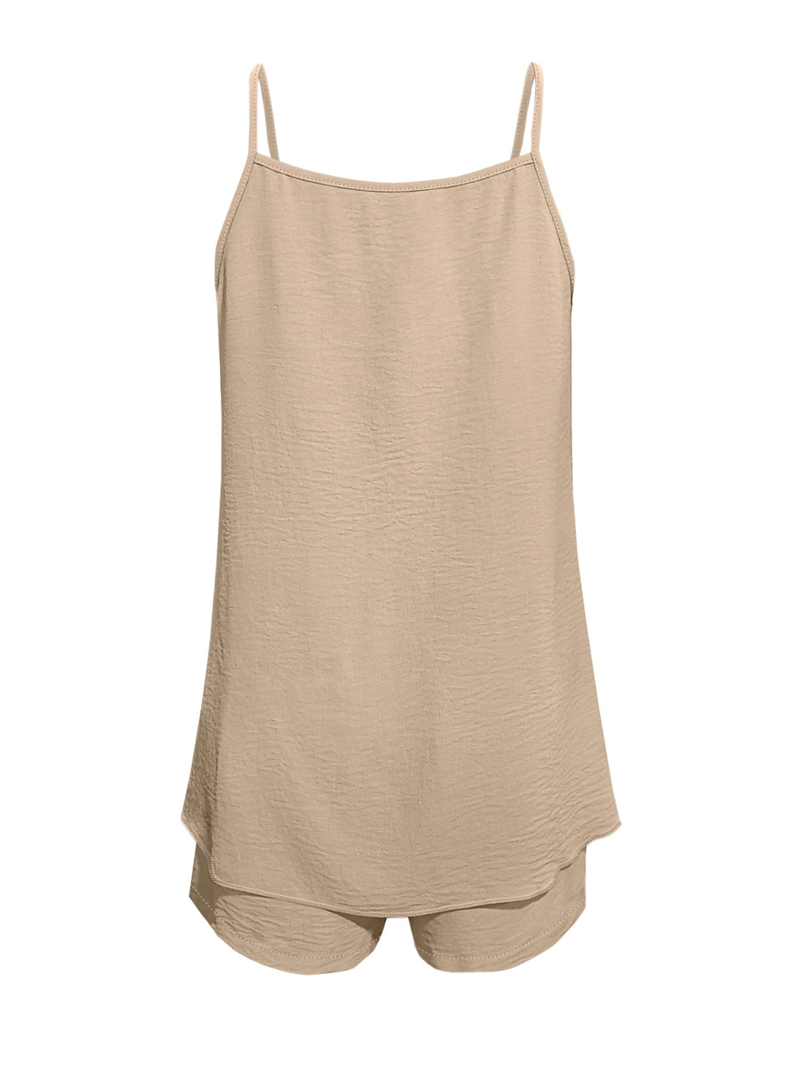 Our Best Polyester Blend Solid Color Spaghetti Strap Layered Top and Shorts Two Piece Set (Tan)