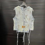 WTHT Vintage 2025 Summer Women's Bandage Single-breasted Denim Vest Fashion High-waisted Loose Wide Leg Jeans Female 1LS1482 - treasures-4-u-2-day