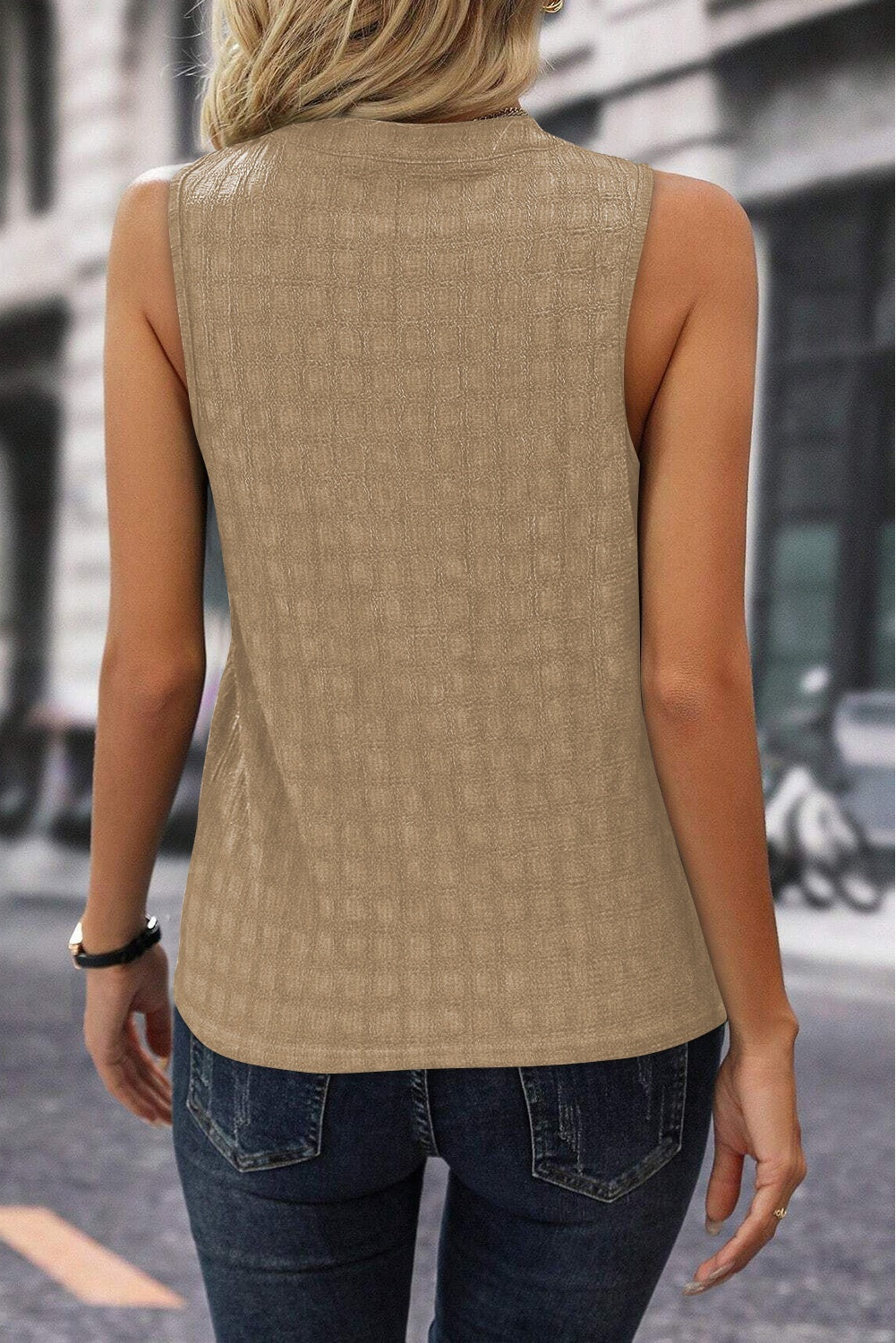 Our Best Polyester Blend Exotic Solid Color Print Sleeveless Textured Notched Detail Tank (Khaki)