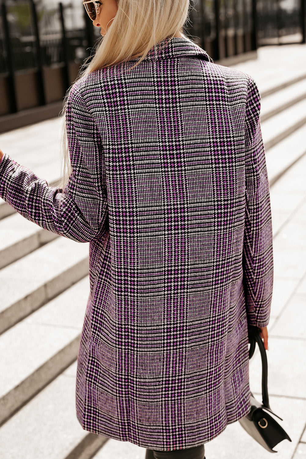 Our Best 100% Polyester Fashion Plus Pocket Detail Plaid Lapel Collar Longline Blazer (Lilac)