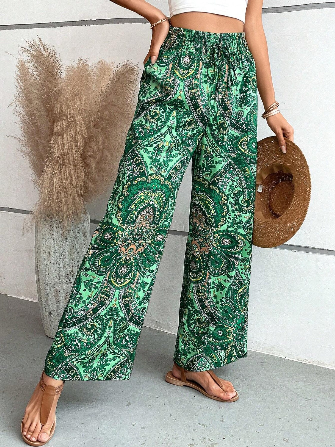 Our Best 100% Polyester Paisley Print Drawstring Waist Wide Leg Palazzo Pants (Multicolor)