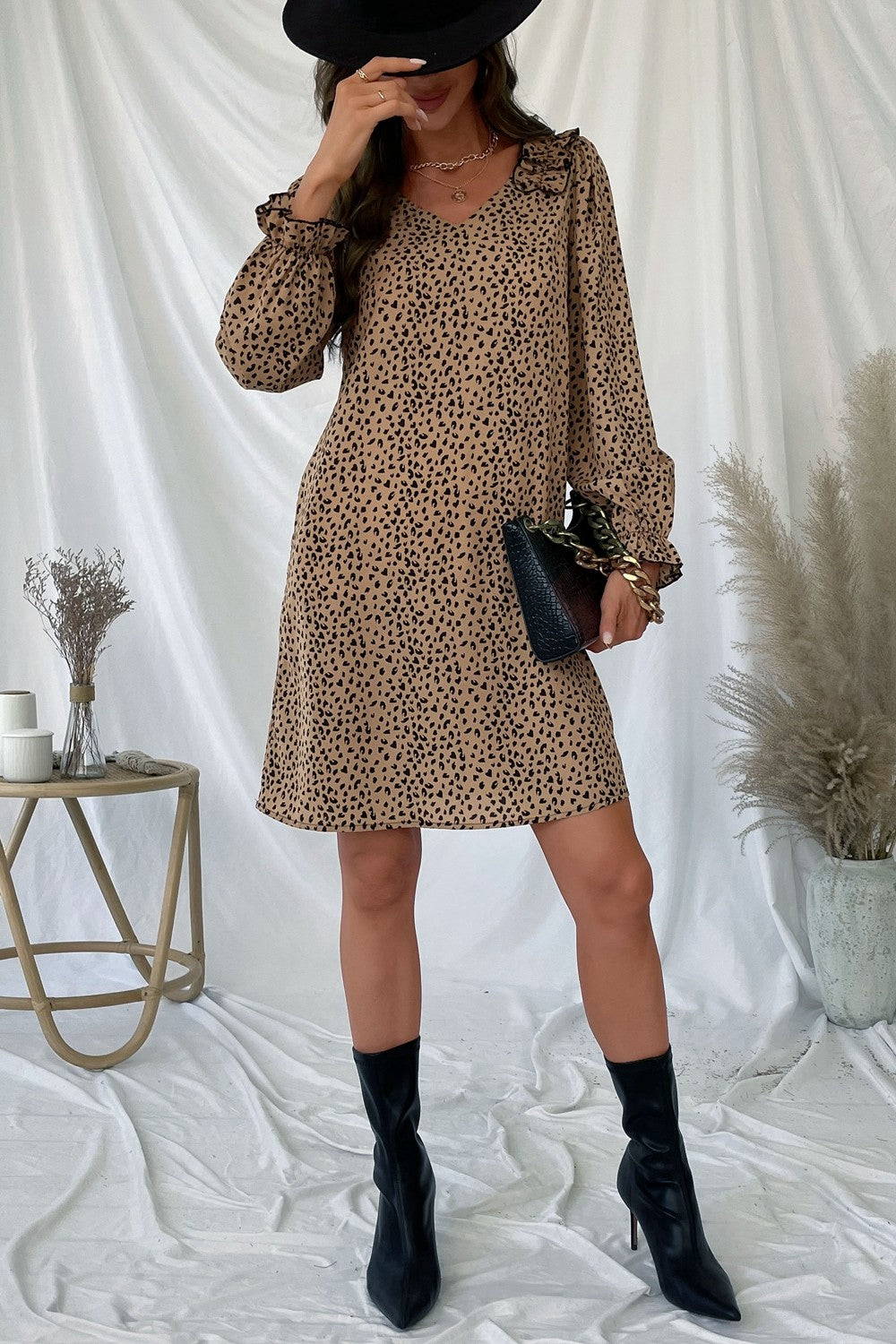 Perfee Leopard Frill Trim V-Neck Dress