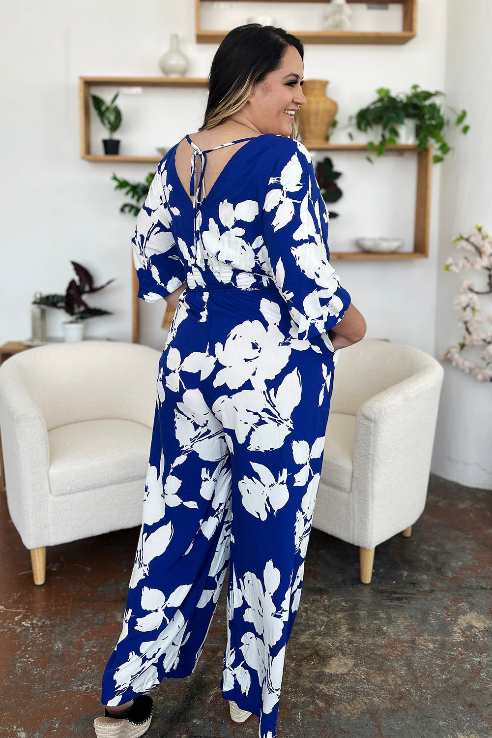 Double Take Full Size Printed Tie Back Wide Leg Jumpsuit