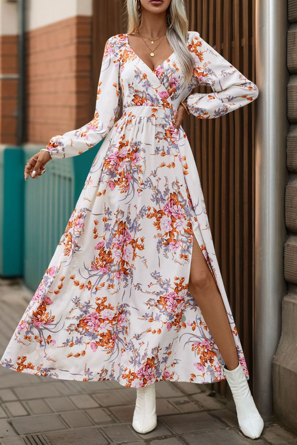 Our Best 100% Polyester Exotic Floral Print Perfee Slit Surplice Long Sleeve Maxi Dress (Variants)