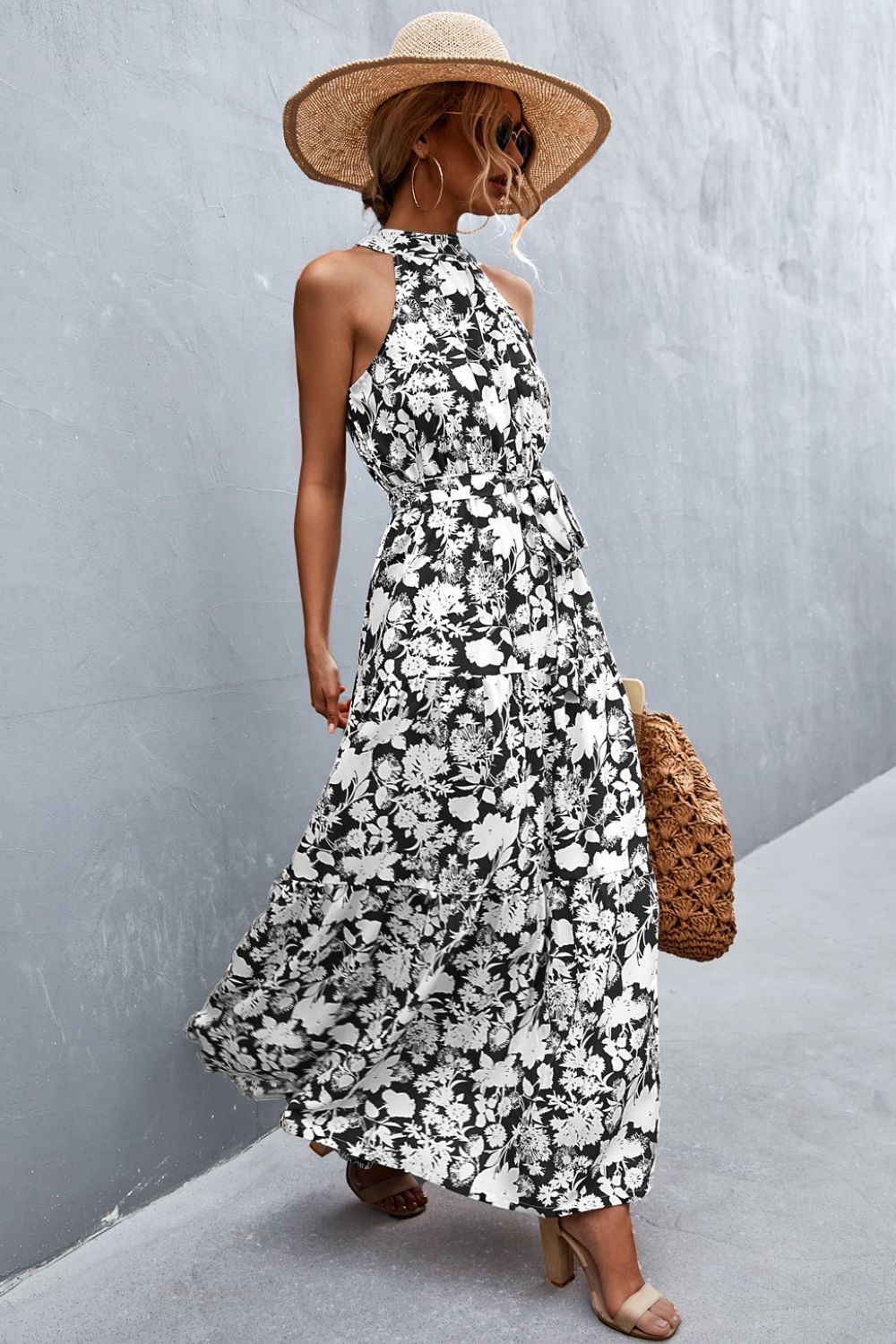 Printed Sleeveless Tie Waist Maxi Dress