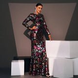 Embroidered Floral Long Sleeve Evening Gown