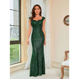 Emerald Green Suspenders Mid Waist Sequin Gown