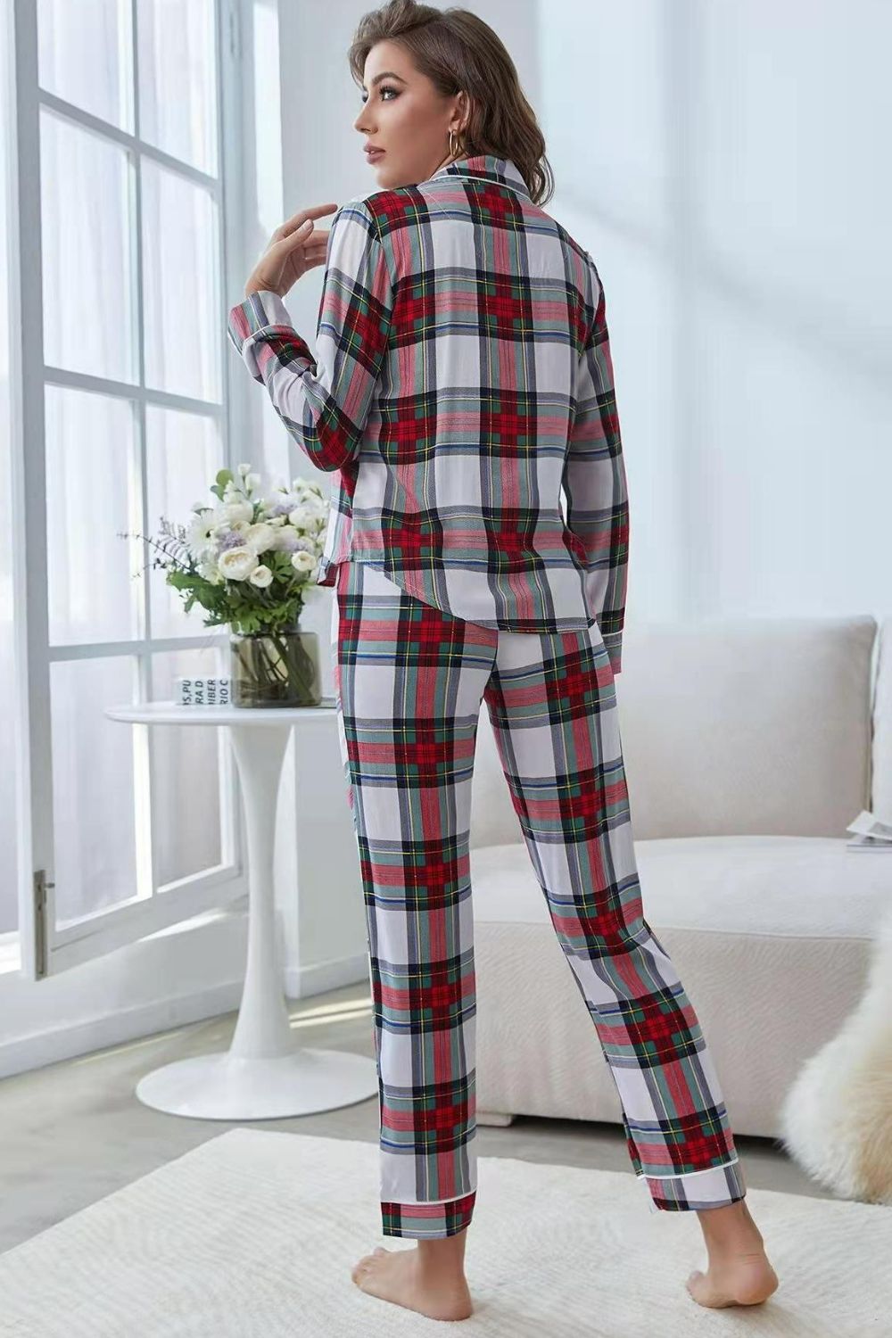 Our Best 100% Polyester Plaid Button Front Long Sleeve Top and Pants Two Piece Lounge Set (Plaid)