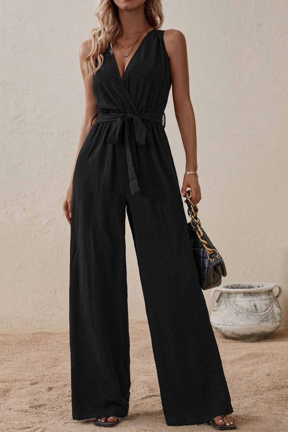 Our Best 100% Polyester Deep-V Sash Tie Belt Loop Detail Surplice Sleeveless Wide Flare Jumpsuit (Multicolor)