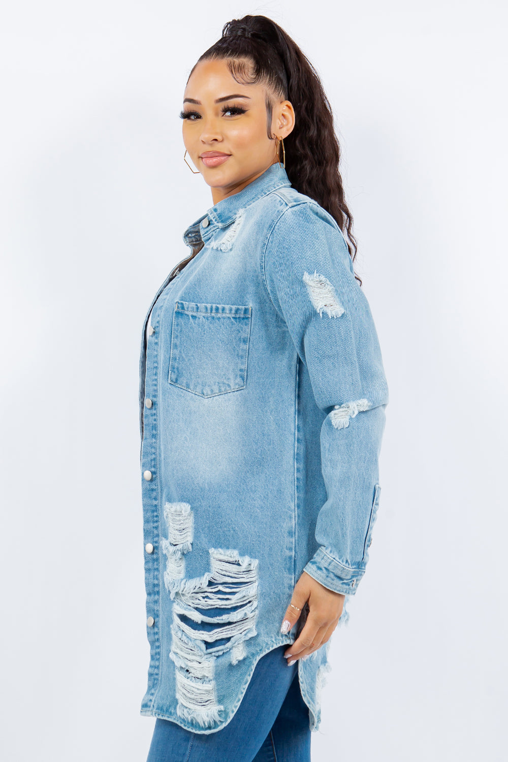 American Bazi 100% Cotton Button-Up Long Sleeve Distressed Denim Jacket (Light Blue)