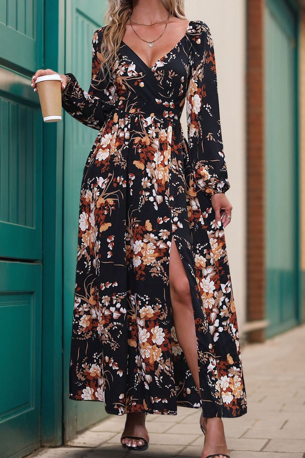 Our Best 100% Polyester Exotic Floral Print Perfee Slit Surplice Long Sleeve Maxi Dress (Variants)