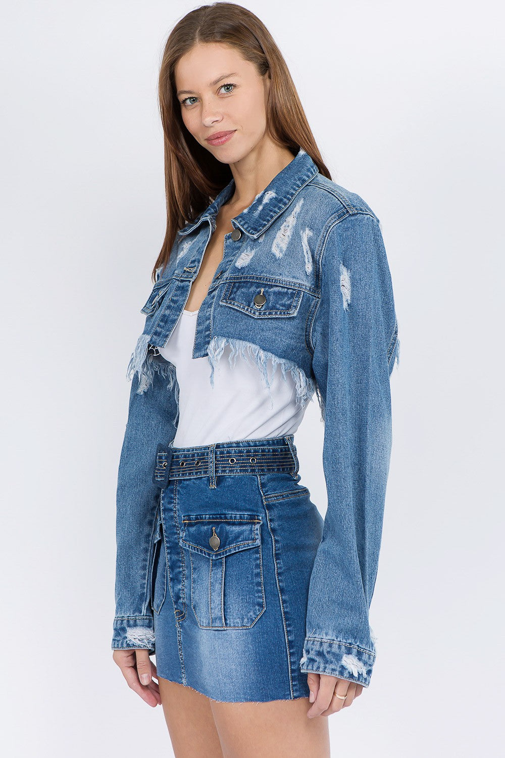 American Bazi 100% Cotton Distressed Denim Frayed Hem Crop Jacket (Blue)