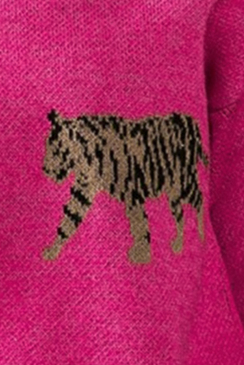 Fashion Plus Polyester Blend Tiger Pattern Round Neck Long Sleeve Drop Shoulder Sweater (Hot Pink)