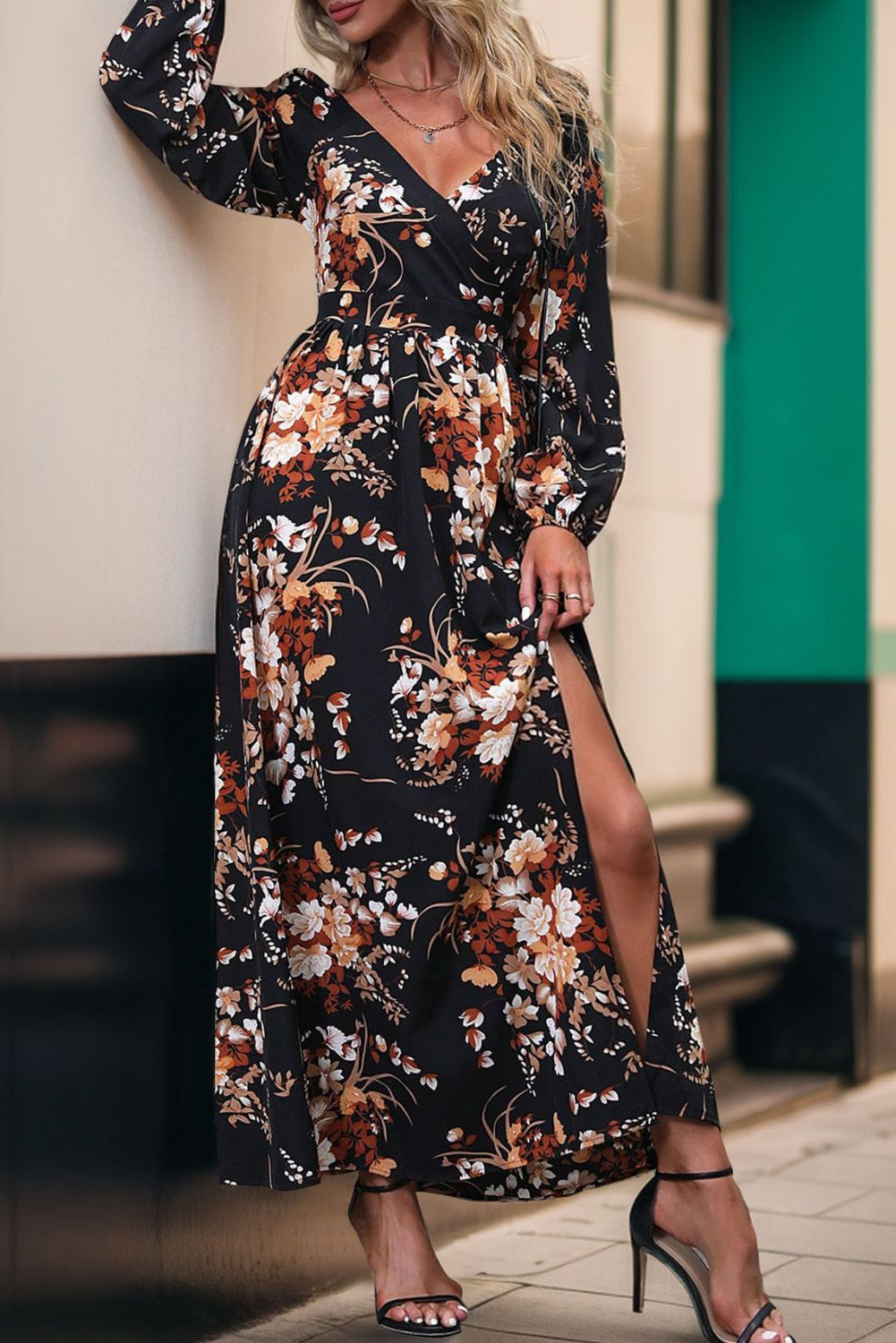 Our Best 100% Polyester Exotic Floral Print Perfee Slit Surplice Long Sleeve Maxi Dress (Variants)