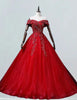 Red off the shoulder beaded lace applique rhineston tulle prom dress ball gown long wedding dress gown