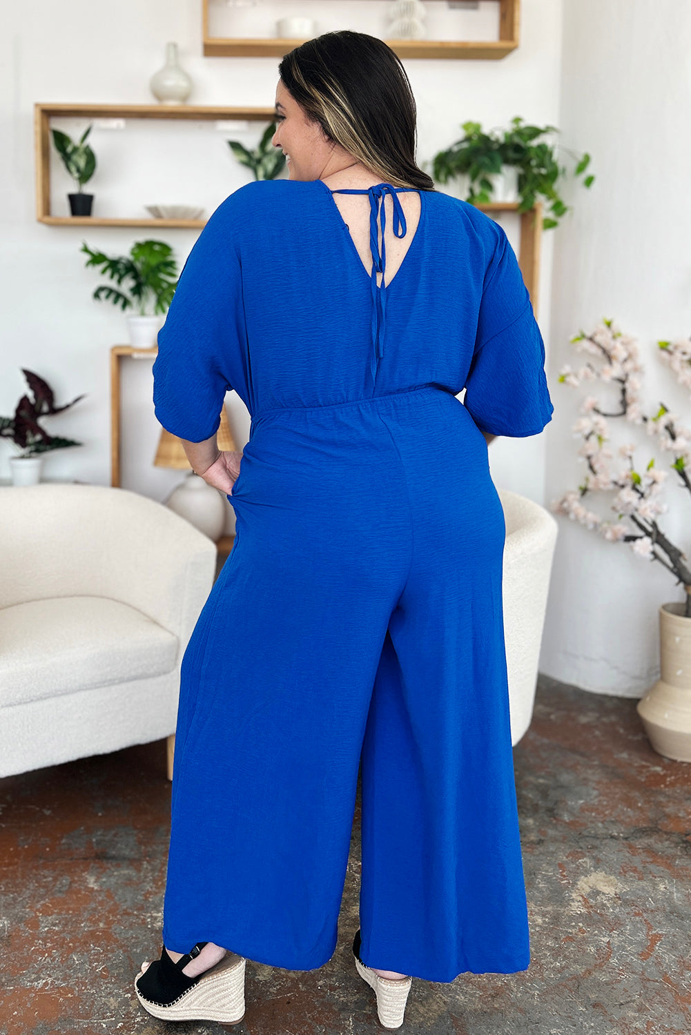 Double Take Full Size Surplice Wide Leg Jumpsuit with Pockets