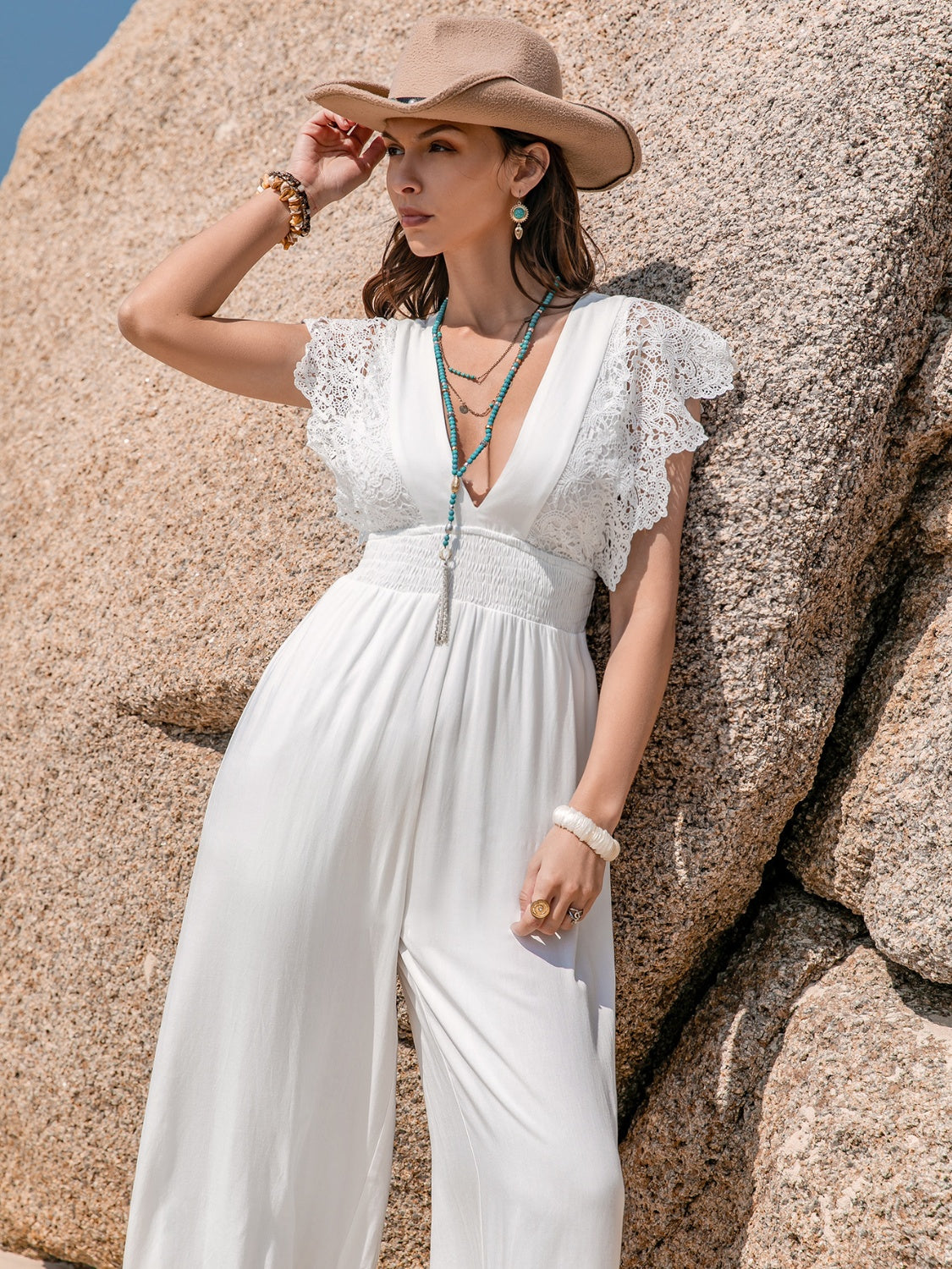 The Lilianna Lace 100% Viscose Scalloped Lace Deep-V Button Keyhole Cap Sleeve Jumpsuit (White)