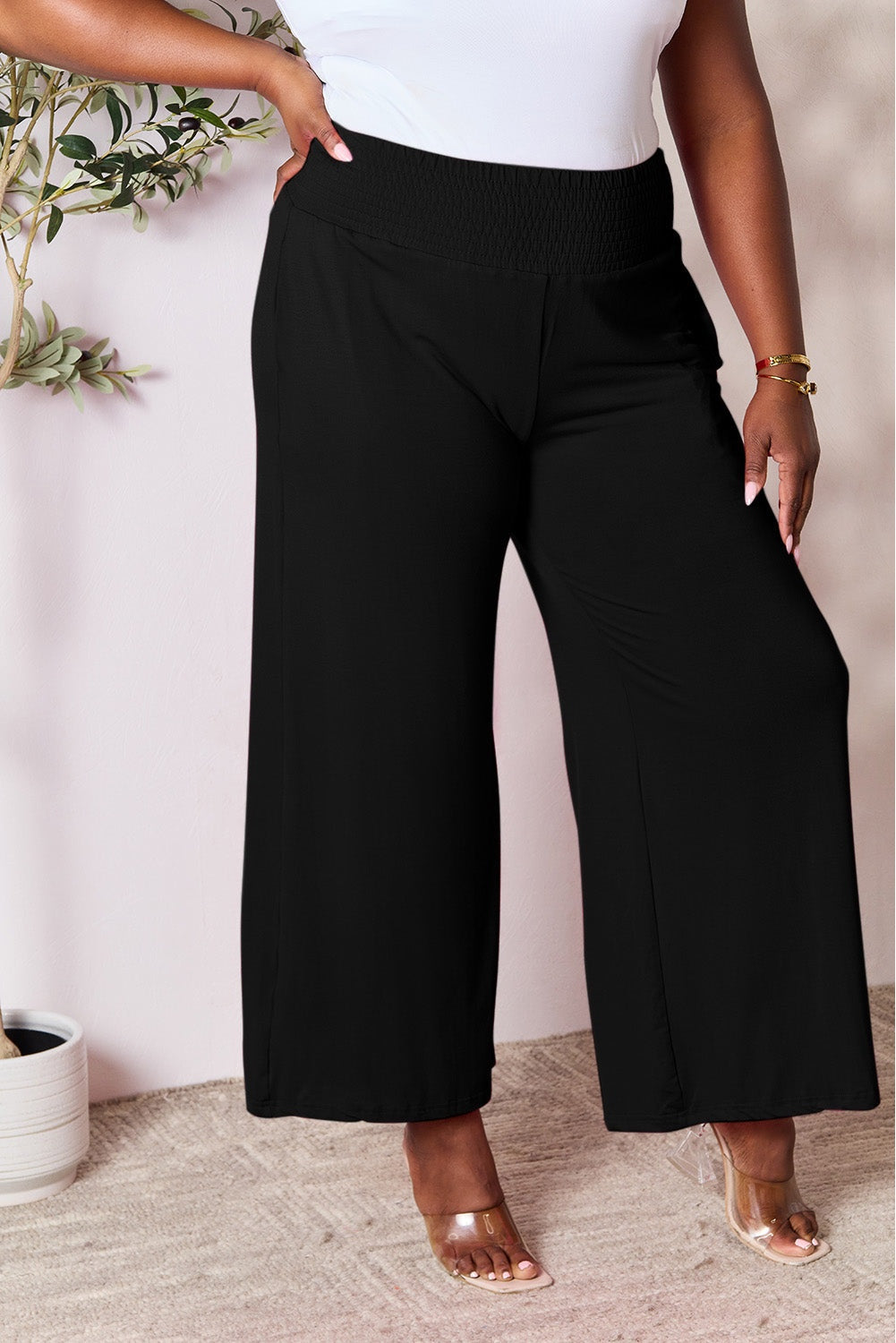 Double Take Full Size Smocked Wide Waistband Wide Leg Pants