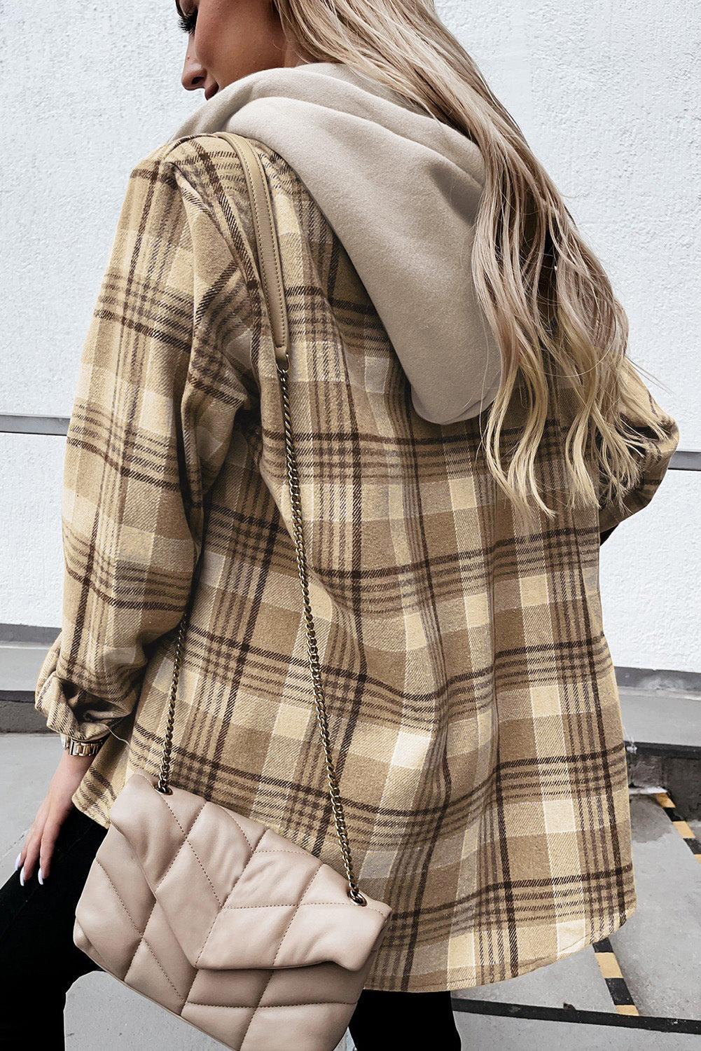 Our Best 100% Polyester Fashion Plus Plaid Pocket Detail Button Down Hooded Jacket (Light Gray)