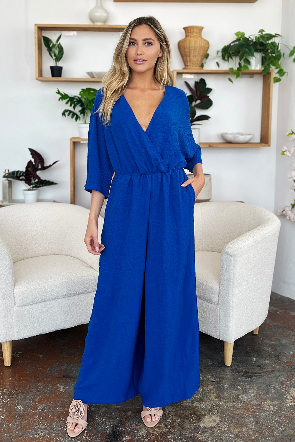 Double Take Full Size Surplice Wide Leg Jumpsuit with Pockets