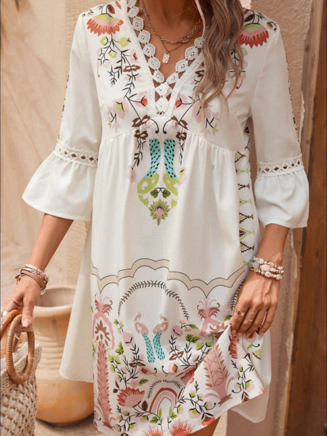 Our Best 100% Polyester Exotic Floral Print Lace Detail V-Collar Three-Quarter Sleeve Dress (Variants)