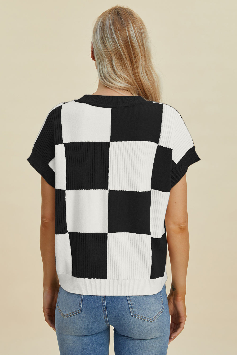 Double Take Full Size Checkered Round Neck Short Sleeve Sweater