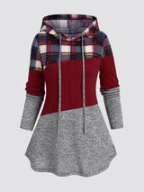 Plus Size Womens Suit Hooded Sweatshirts Colorblock Plaid Print Hoodie Drawstring Textured Tops Imitation Denim Pants Set L-5XL - treasures-4-u-2-day