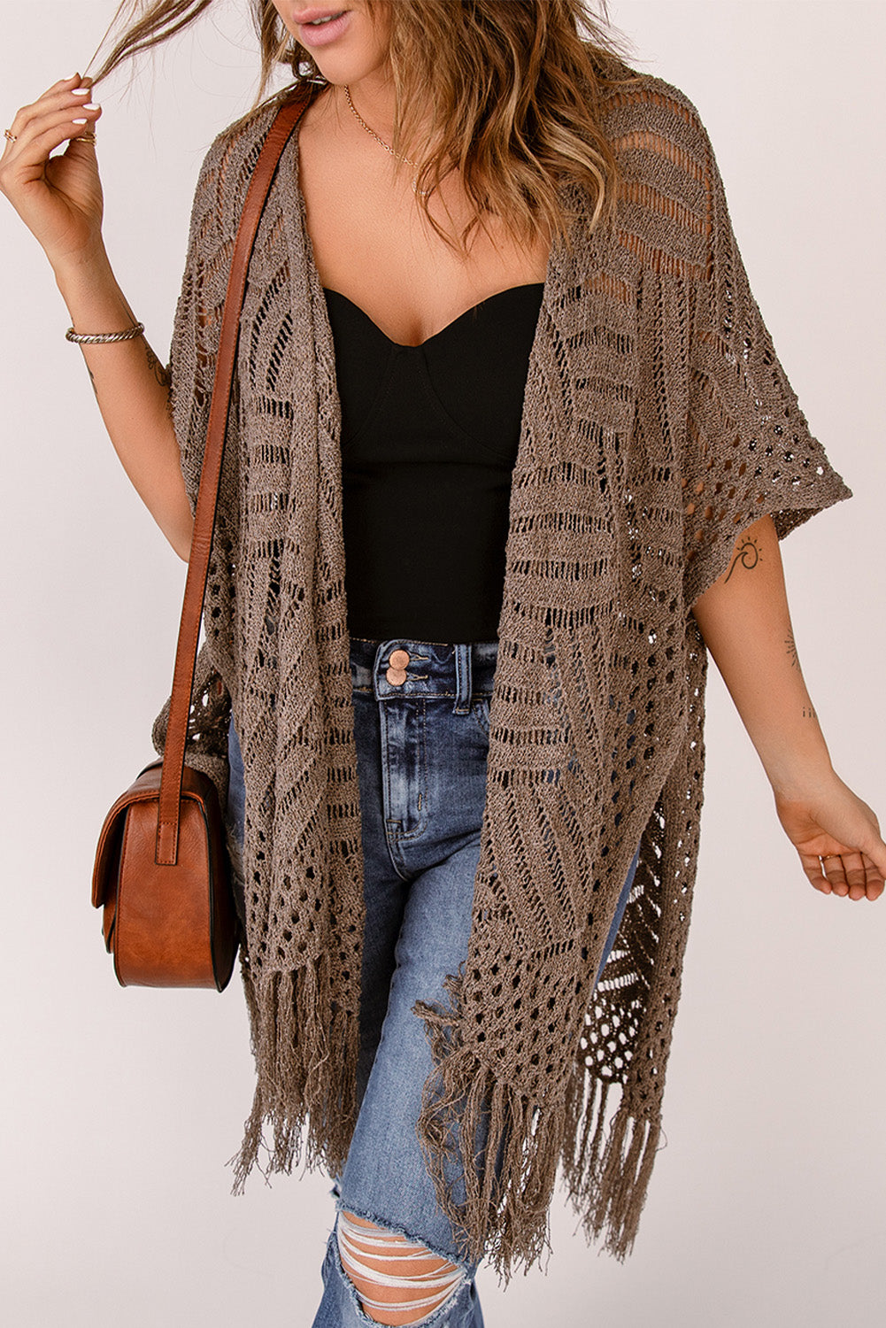 The Francine Fashion Plus Acrylic Blend Fringe Hem Slit Open Front Cardigan (Multicolor)