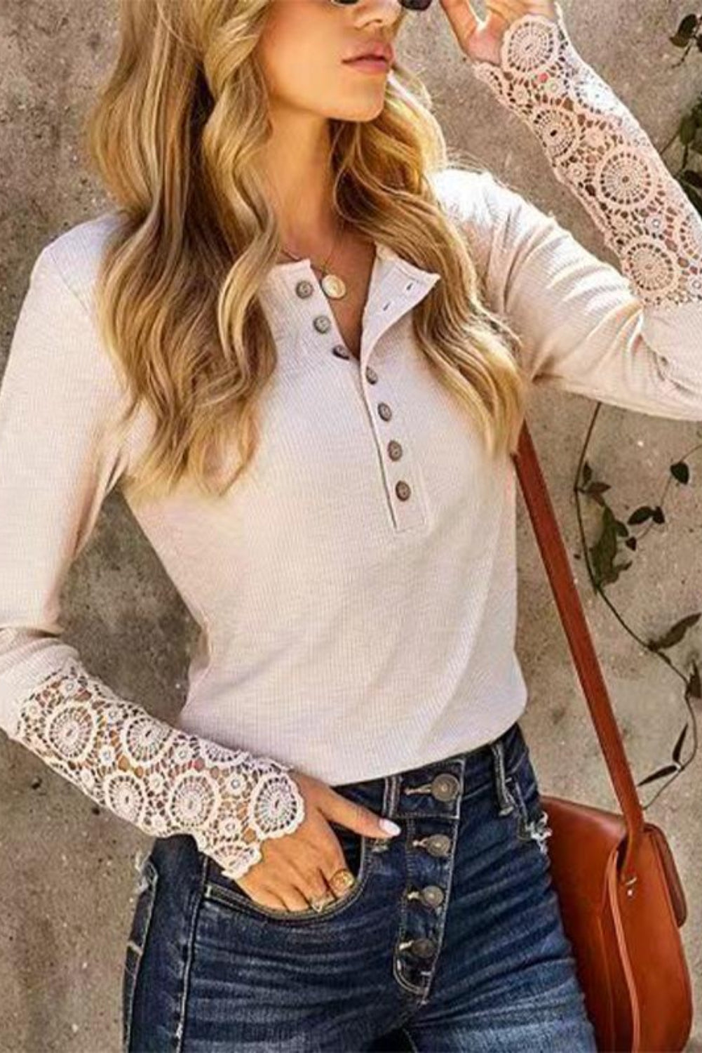 The Lilianna Lace 100% Polyester Long Half Sleeve Lace Detail Button Down Top (Dust Storm)