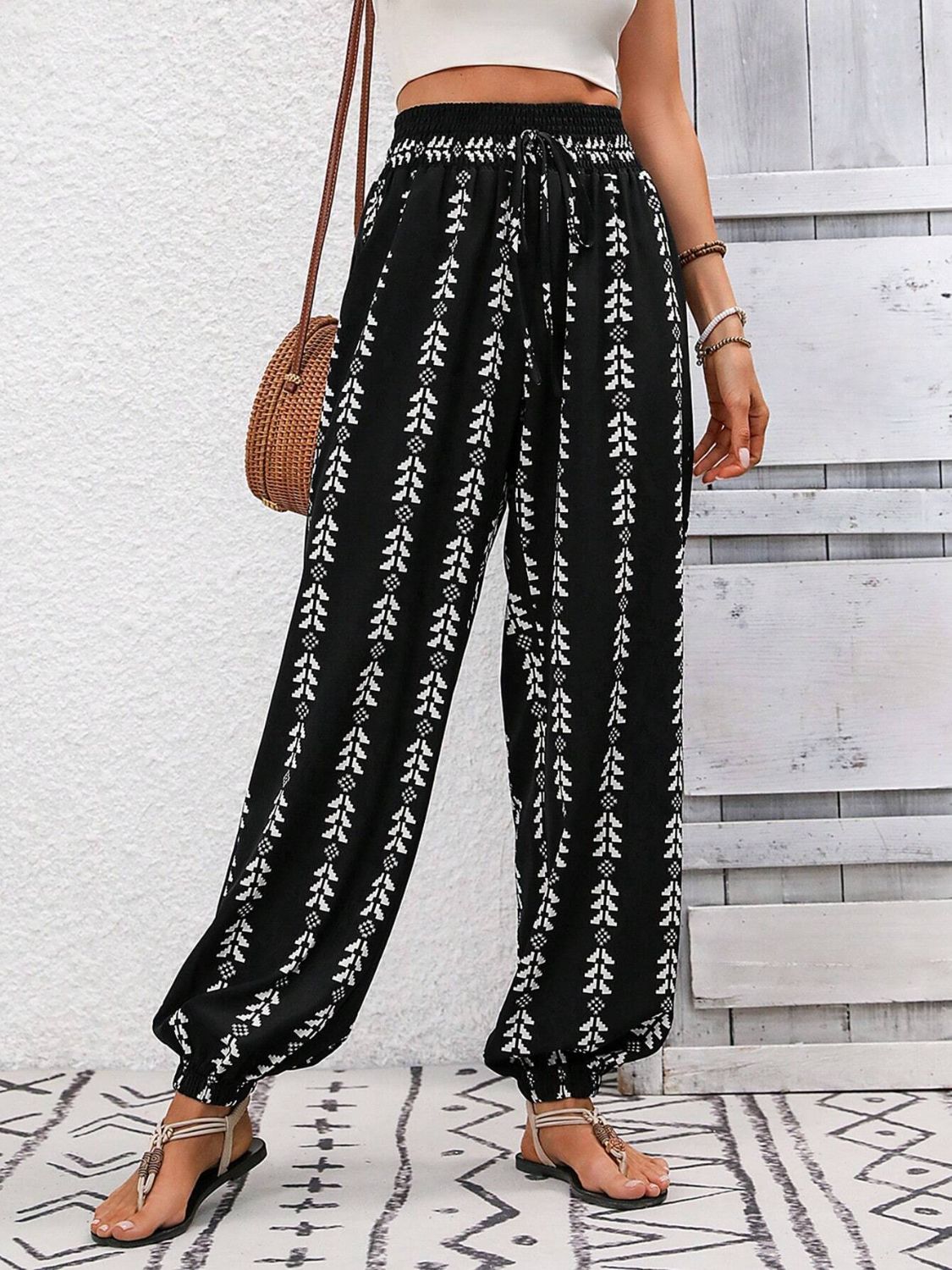 Our Best 100% Polyester Sash Tie Waist Exotic Print High Waist Pants (Multicolor)