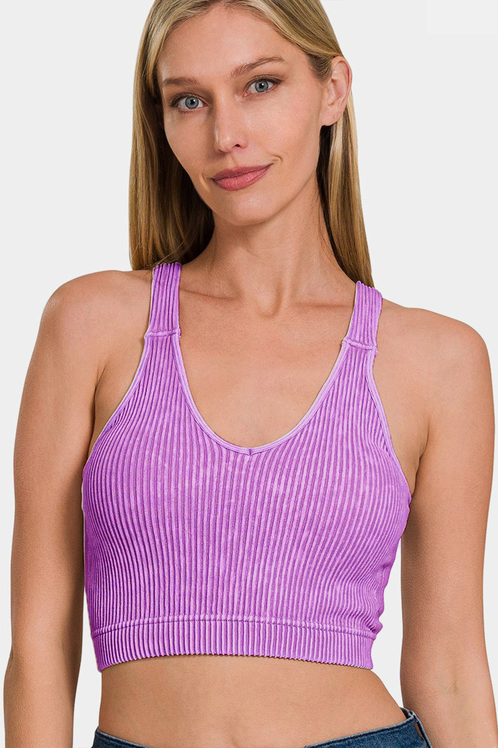 The Zenana 90% Nylon 10% Spandex Pre-Washed Ribbed Cropped Padded Bra Tank Top (Violet)