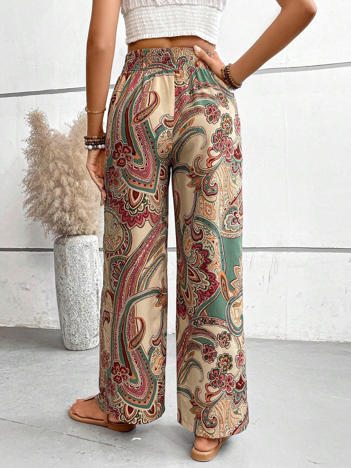 Our Best 100% Polyester Paisley Print Drawstring Waist Wide Leg Palazzo Pants (Multicolor)