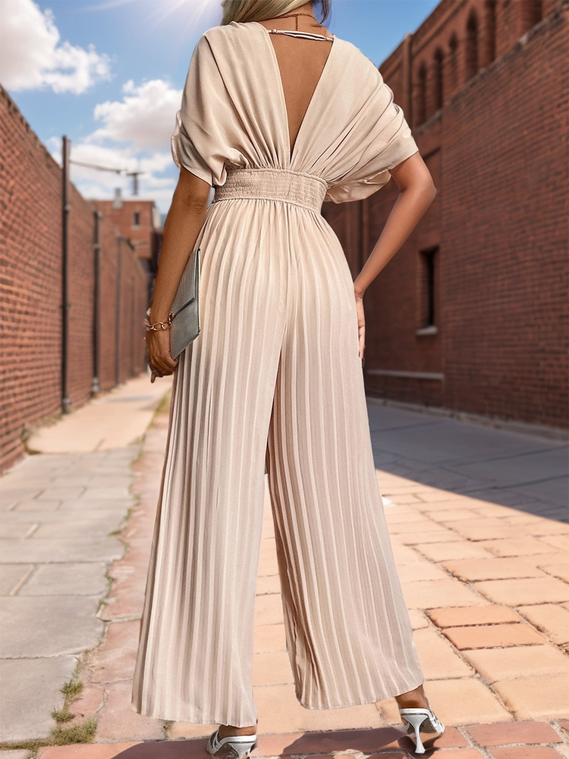 Perfee 100% Polyester Fashion Plus Pleated Detail Short Sleeve Wide Palazzo Pant Jumpsuit (Apricot)