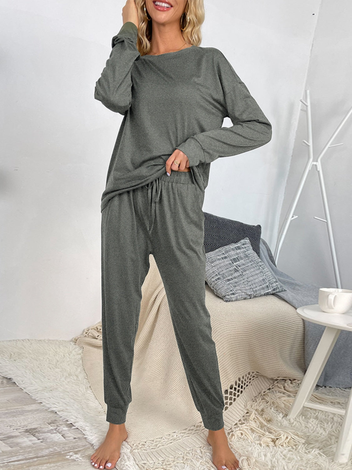 Our Best Polyester Blend Long Sleeve Top and Drawstring Waist Joggers Two Piece Lounge Set (Multicolor)