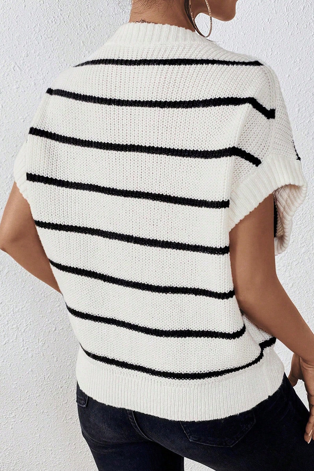 Bold-n-Beautiful Acrylic Blend Crotchet Knit Striped Asymetrical Cap Sleeve Top (White)