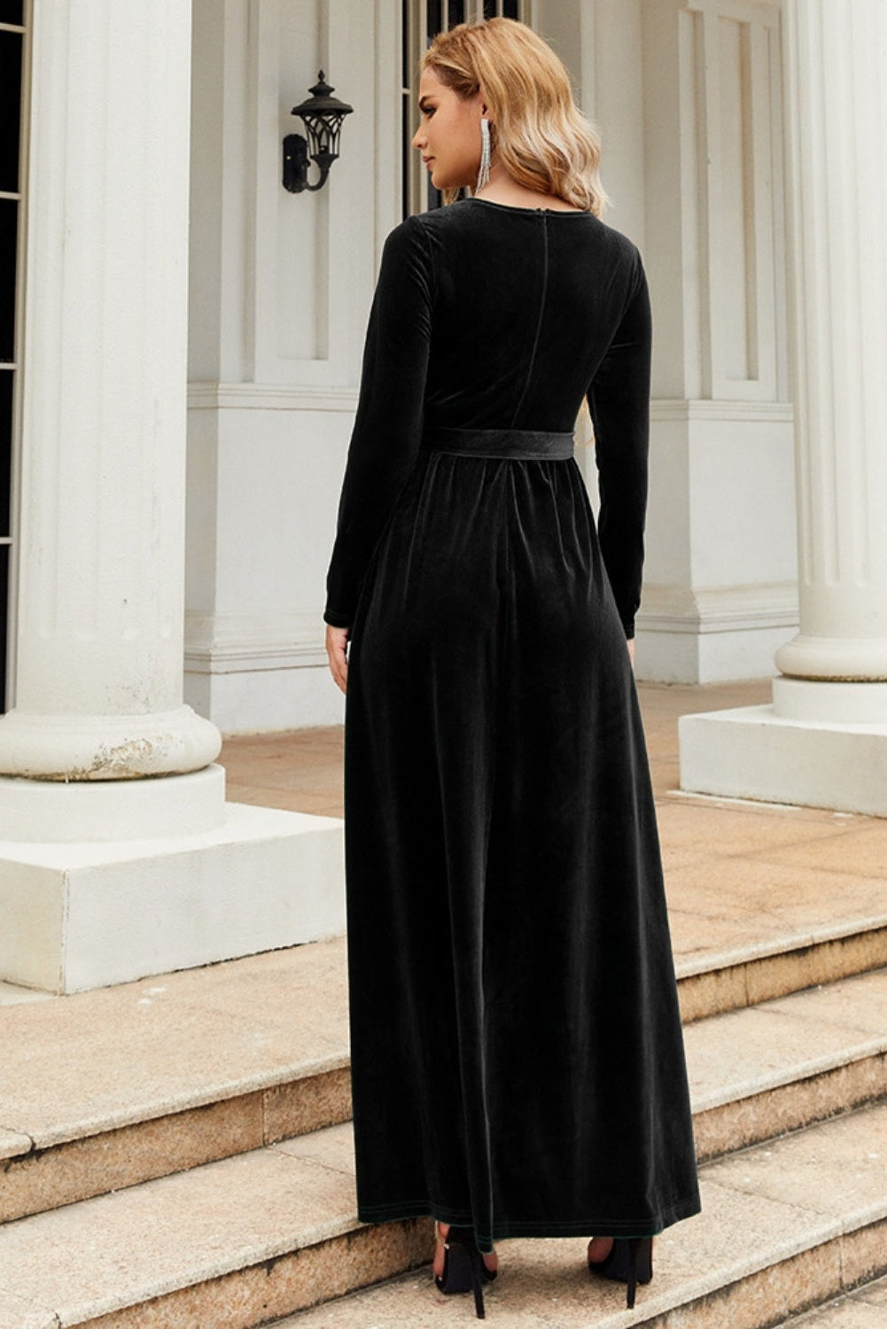 Tie Front Round Neck Long Sleeve Maxi Dress