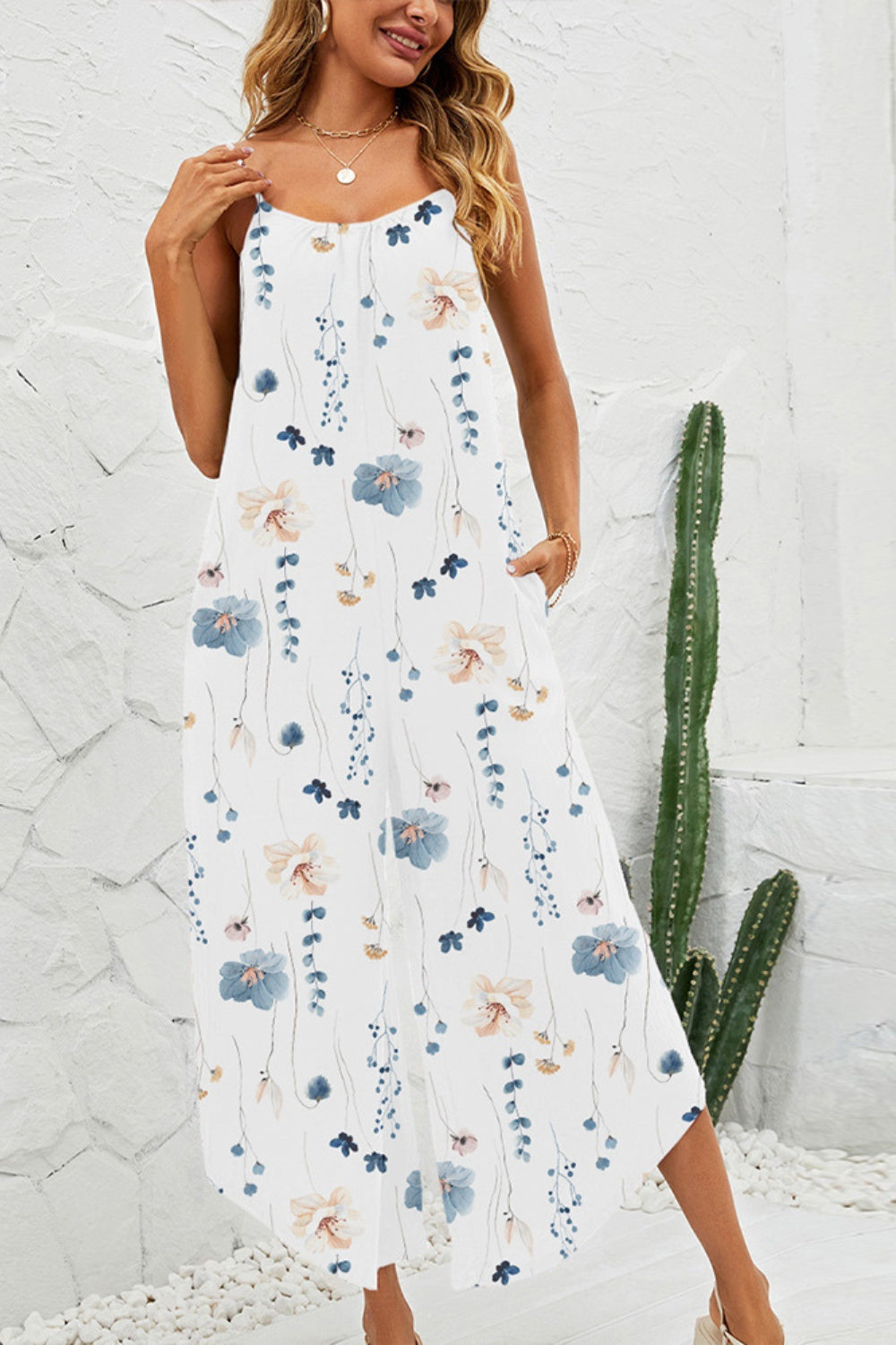 Shiny Printed Scoop Neck Wide Leg Jumpsuit